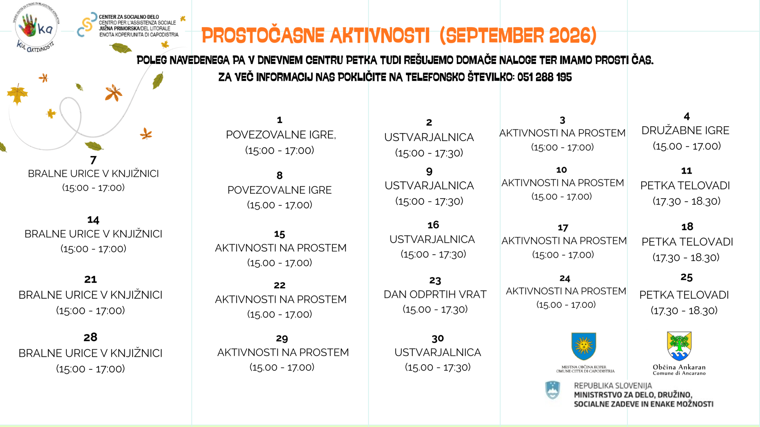 Tabela za Septembrske prostočasne aktivnosti v Petki